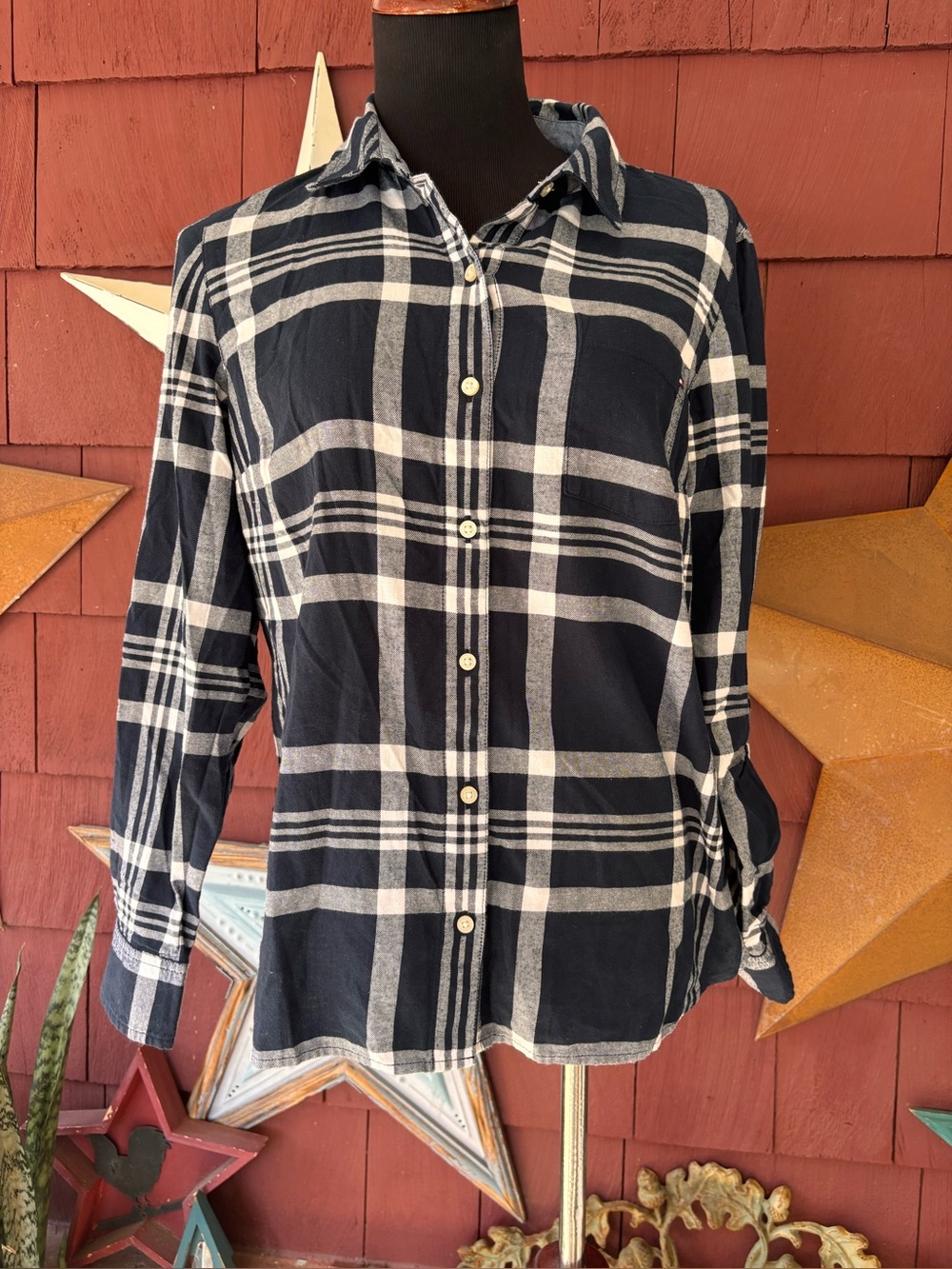 Tommy Hilfiger Button Down Roll Tab Sleeve Navy Blue Plaid Shirt Women's Size M